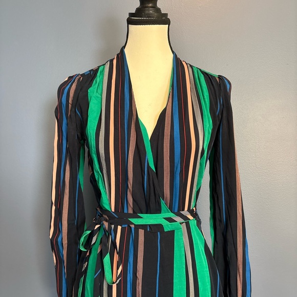Chelsea28 Dresses & Skirts - Navy Pinstriped Wrap Midi Dress w/ Belt | Deep V | Long Sleeve | XS